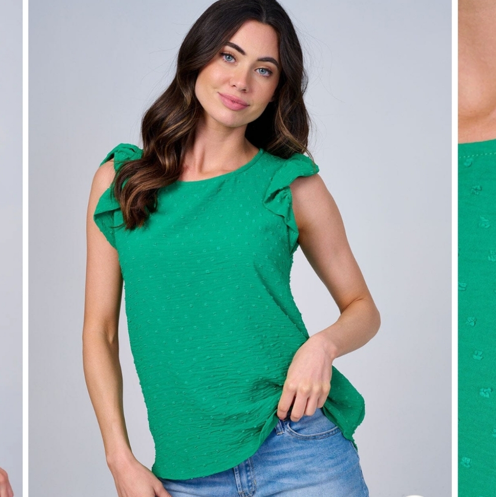 98 Green Sleeveless Swiss Dot Ruffle Tank Top